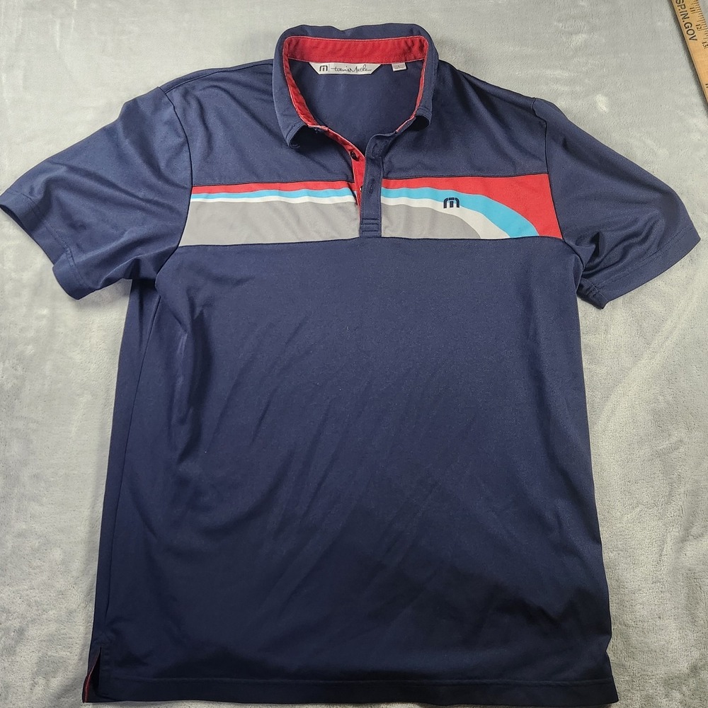 Travis Mathew Golf Men's Size Large Polo Shirt Dark Blue Red Grey Stripes